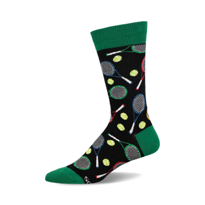 a black sock with a green cuff and a tennis racket and tennis ball pattern.