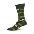 Green crew socks with yellow lawn mowers and green stripes. Fun, quirky design for everyday wear.