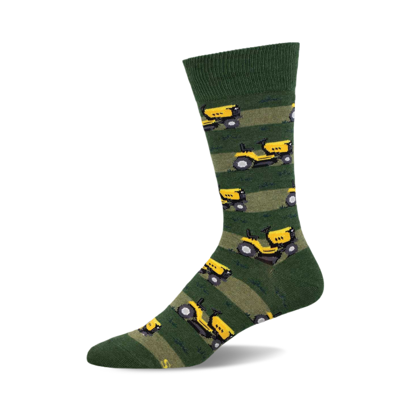 Green crew socks with yellow lawn mowers and green stripes. Fun, quirky design for everyday wear.