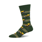Green crew socks with yellow lawn mowers and green stripes. Fun, quirky design for everyday wear.
