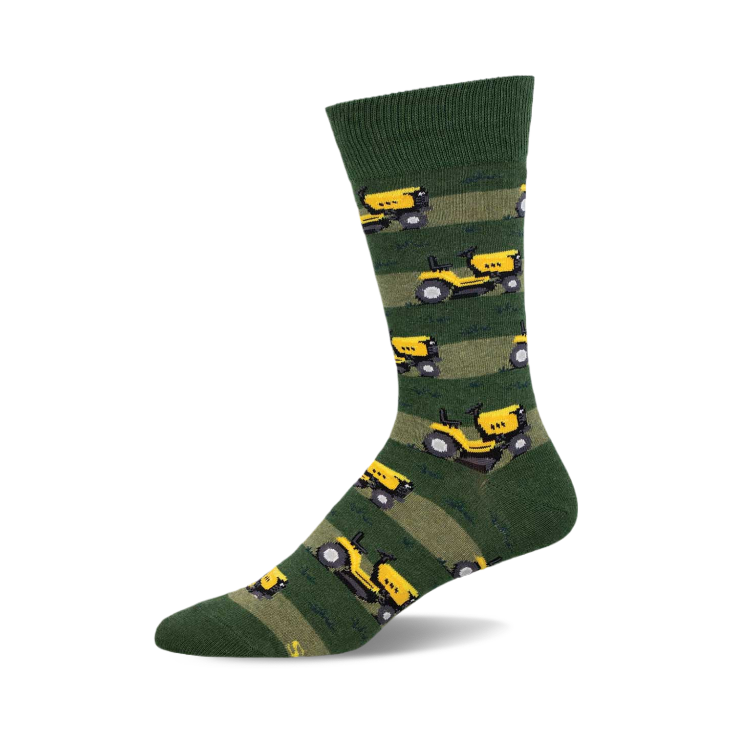 Green crew socks with yellow lawn mowers and green stripes. Fun, quirky design for everyday wear.