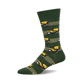 a green sock with a yellow riding lawnmower pattern.