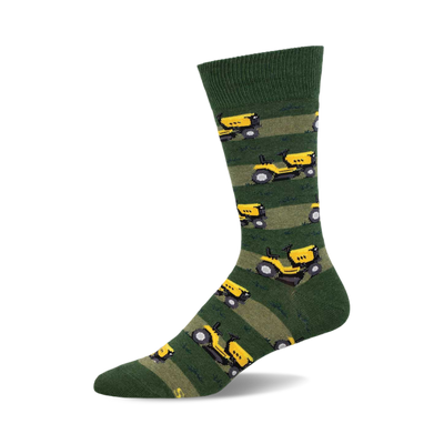 a green sock with a yellow riding lawnmower pattern.