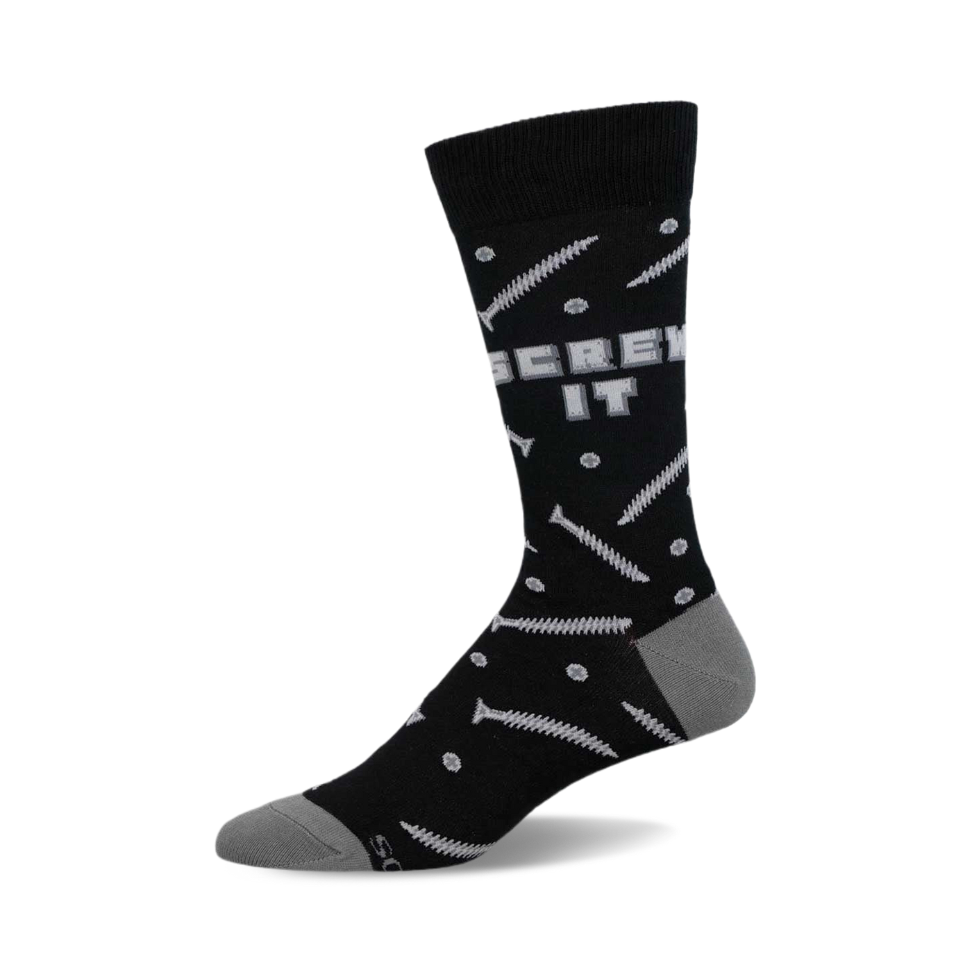 Black crew socks with a gray 'Screw It' graphic and scattered screw illustrations.  A fun and quirky design!
