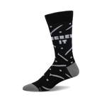 Black crew socks with a gray 'Screw It' graphic and scattered screw illustrations.  A fun and quirky design!