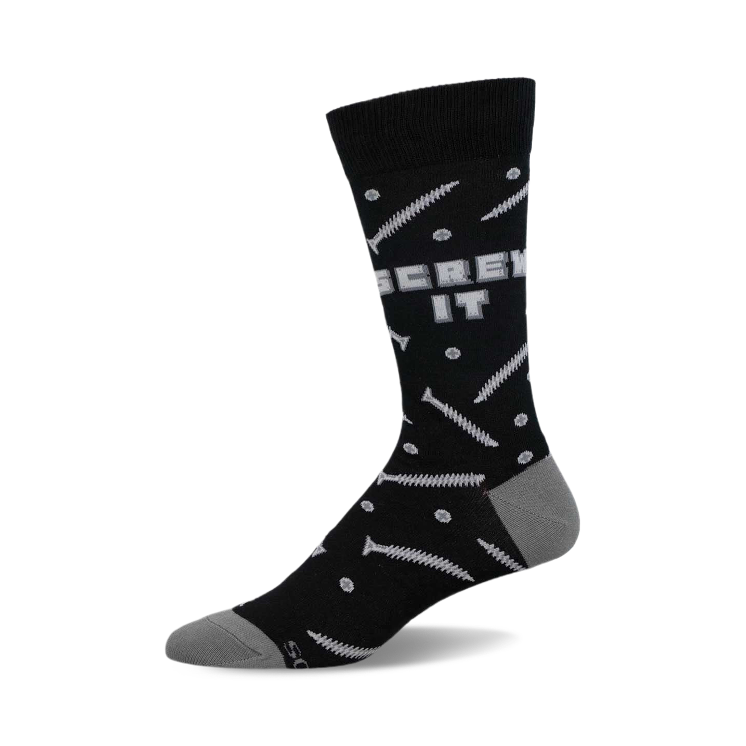 Black crew socks with a gray 'Screw It' graphic and scattered screw illustrations.  A fun and quirky design!