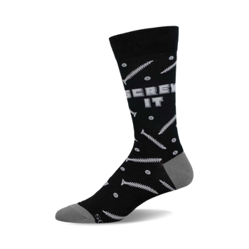 Black crew sock with "SCREW IT" text in grey, scattered grey screws, and grey heel/toe.