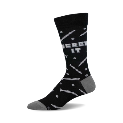 Black crew socks with a gray 'Screw It' graphic and scattered screw illustrations.  A fun and quirky design!