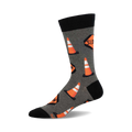 A crew sock in gray with orange traffic cones and 'Slow' signs printed on it. The sock has a black cuff.