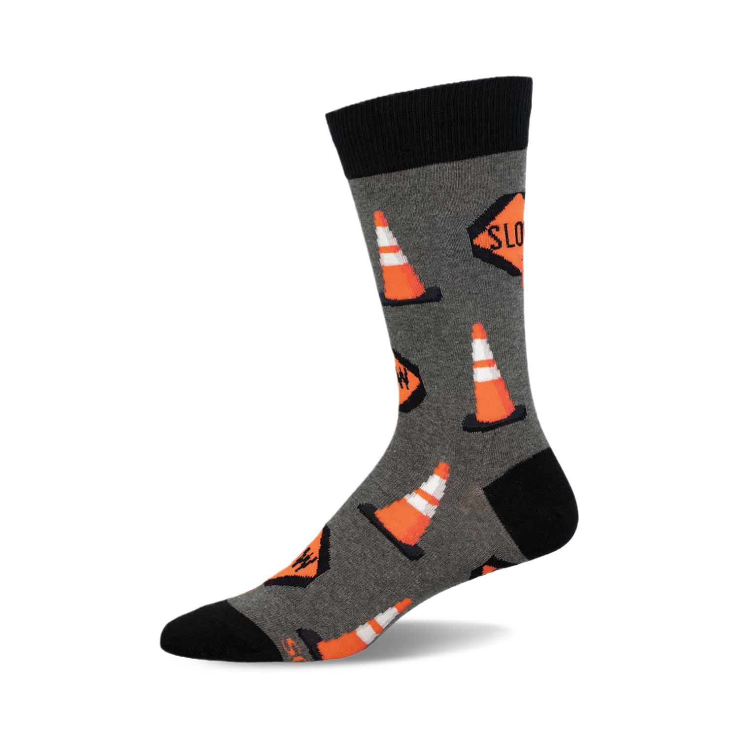 A crew sock in gray with orange traffic cones and 'Slow' signs printed on it. The sock has a black cuff.