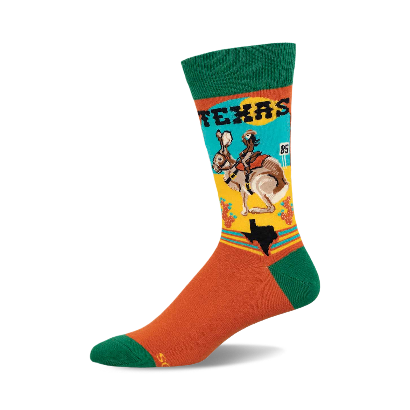 Crew socks showcasing a retro-style illustration of a jackrabbit riding a cowboy in Texas.  Colors include burnt orange, teal, and green.