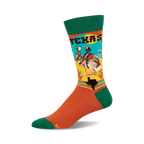 Crew socks showcasing a retro-style illustration of a jackrabbit riding a cowboy in Texas.  Colors include burnt orange, teal, and green.