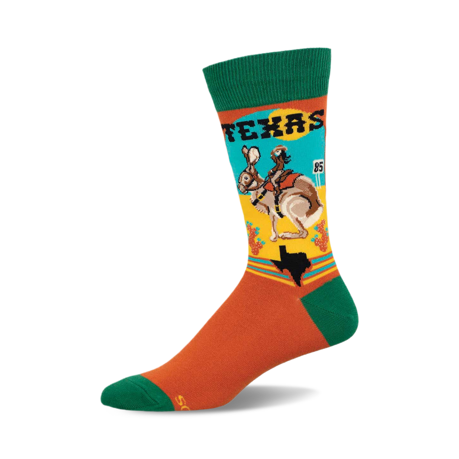 Crew socks showcasing a retro-style illustration of a jackrabbit riding a cowboy in Texas.  Colors include burnt orange, teal, and green.