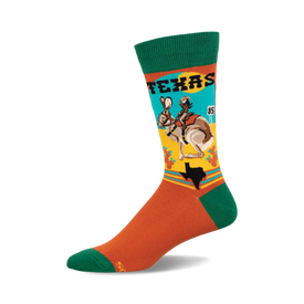 a pair of socks with a picture of a person riding a rabbit. the socks are orange, green and blue. they say "texas" on the top of the sock and "85" is near the ankle. the outline of the state of texas is shown on the bottom.