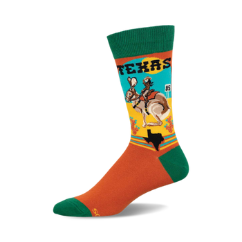 a pair of socks with a picture of a person riding a rabbit. the socks are orange, green and blue. they say "texas" on the top of the sock and "85" is near the ankle. the outline of the state of texas is shown on the bottom.