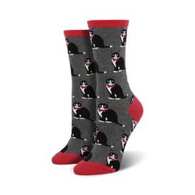 black cats in red bow ties on gray background. womens crew socks. cat theme.  