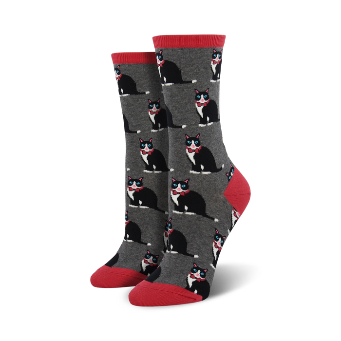 black cats in red bow ties on gray background. womens crew socks. cat theme.   }}