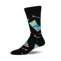 Black crew socks with a teal matchbox and burnt match design.  The words 'Burned Out' are on the matchbox.