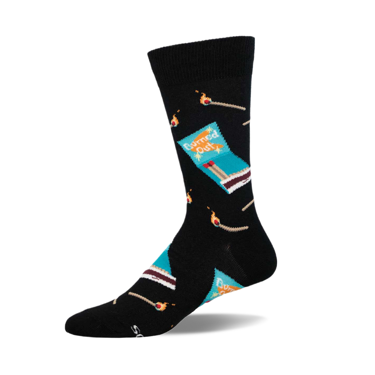 Black crew socks with a teal matchbox and burnt match design.  The words 'Burned Out' are on the matchbox.