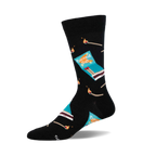 Black crew socks with a teal matchbox and burnt match design.  The words 'Burned Out' are on the matchbox.