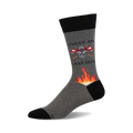 Grey crew socks with a firefighter motif: crossed axes, a helmet, and flames.  Black cuff and toe.  'First In, Last Out' text.