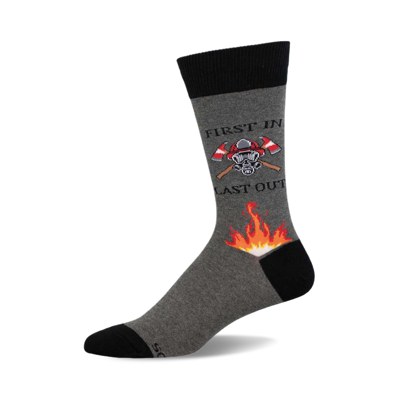 Grey crew socks with a firefighter motif: crossed axes, a helmet, and flames.  Black cuff and toe.  'First In, Last Out' text.