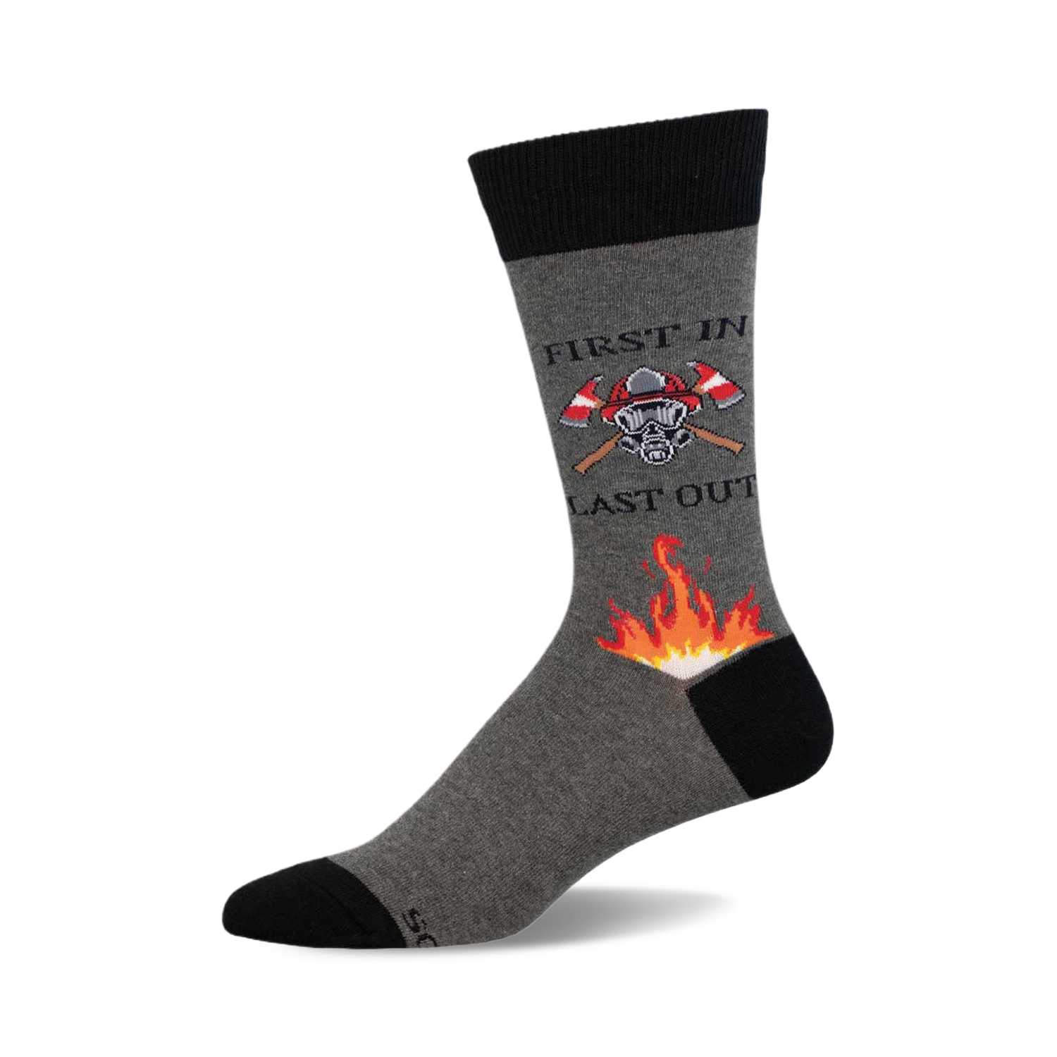 Grey crew socks with a firefighter motif: crossed axes, a helmet, and flames.  Black cuff and toe.  'First In, Last Out' text.