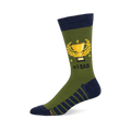 Crew socks in olive green and navy blue. Design includes a gold trophy in a laurel wreath and the text '#1 Dad'.