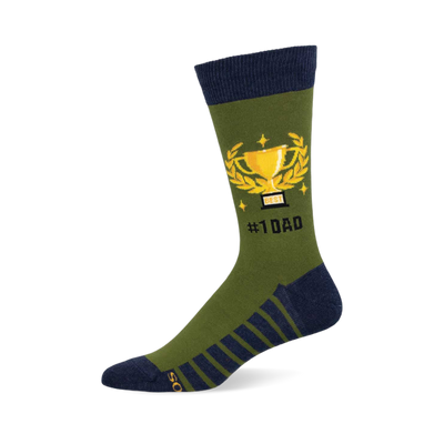 Crew socks in olive green and navy blue. Design includes a gold trophy in a laurel wreath and the text '#1 Dad'.