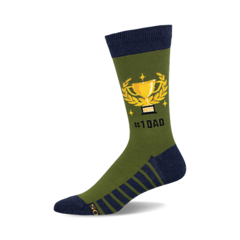 a green sock with a blue top and blue stripes on the bottom. the sock has a gold trophy with a laurel wreath and the text "best #1 dad" on it.