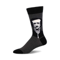 Crew socks in charcoal gray and black, featuring a black and white portrait of Edgar Allan Poe.