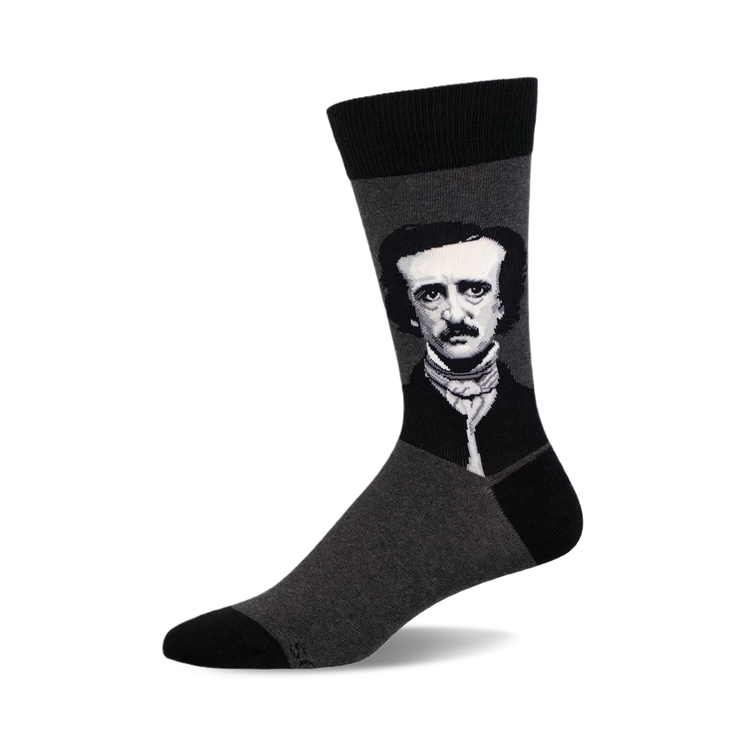 Crew socks in charcoal gray and black, featuring a black and white portrait of Edgar Allan Poe.