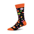 Black crew socks with an orange cuff featuring Halloween candy corn, lollipops, skulls, and other sweets in orange, purple, and green.