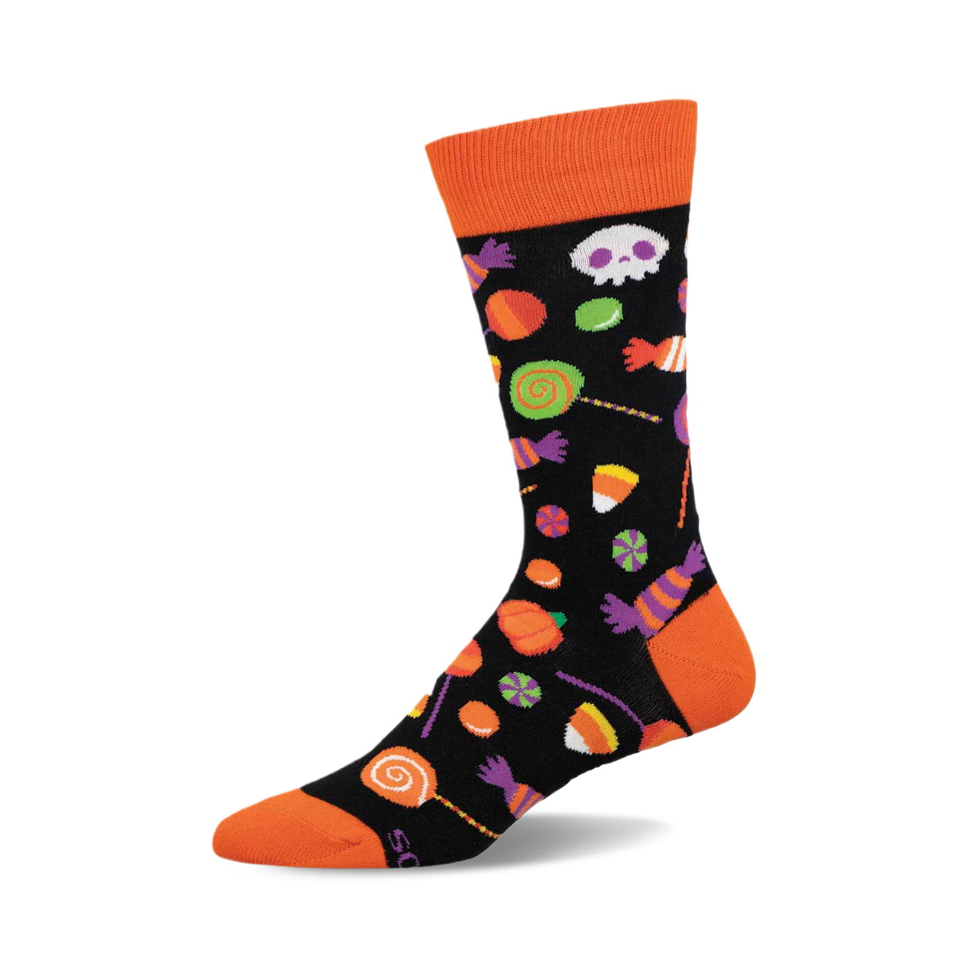 Black crew socks with an orange cuff featuring Halloween candy corn, lollipops, skulls, and other sweets in orange, purple, and green.