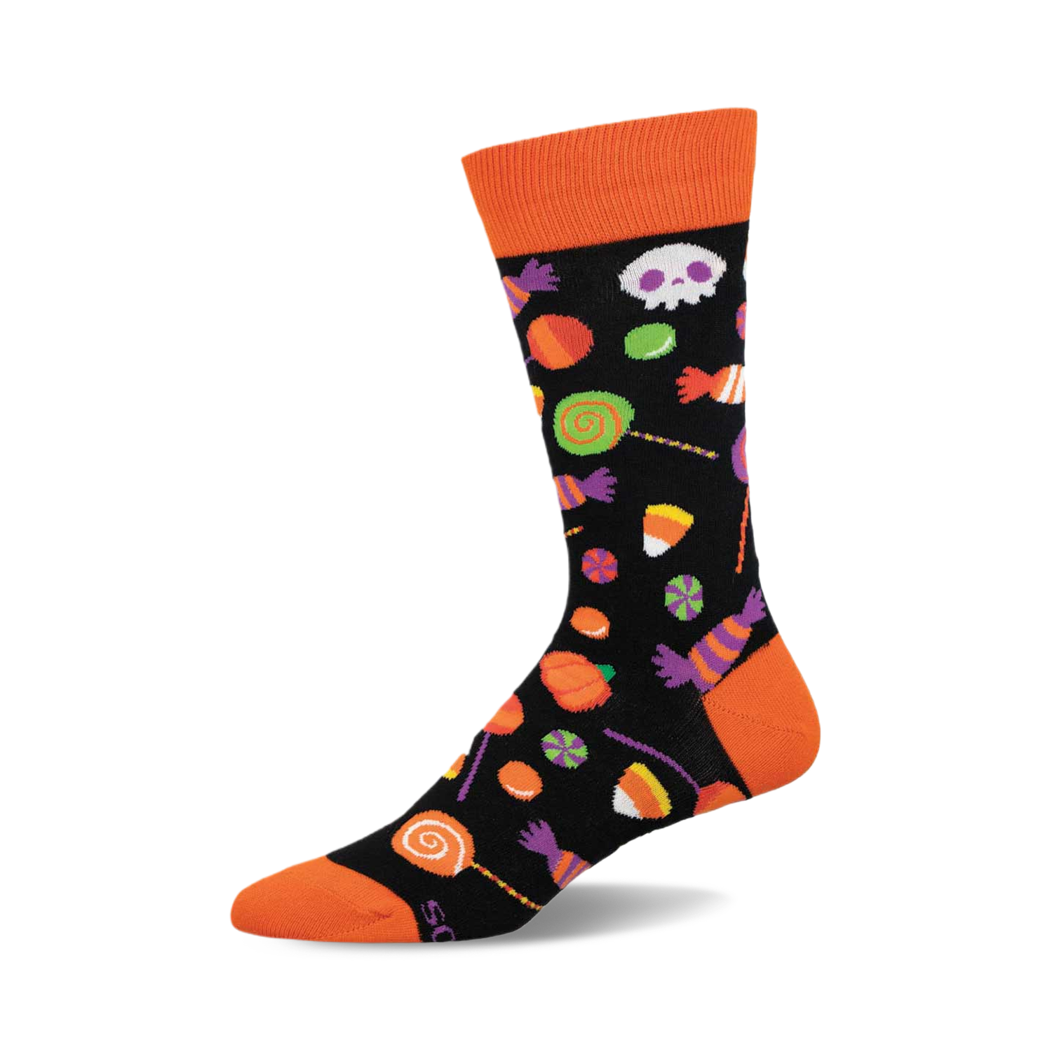 Black crew socks with an orange cuff featuring Halloween candy corn, lollipops, skulls, and other sweets in orange, purple, and green.