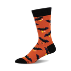 Orange crew socks with black bats and candy corn designs. Black cuff. Fun Halloween socks.