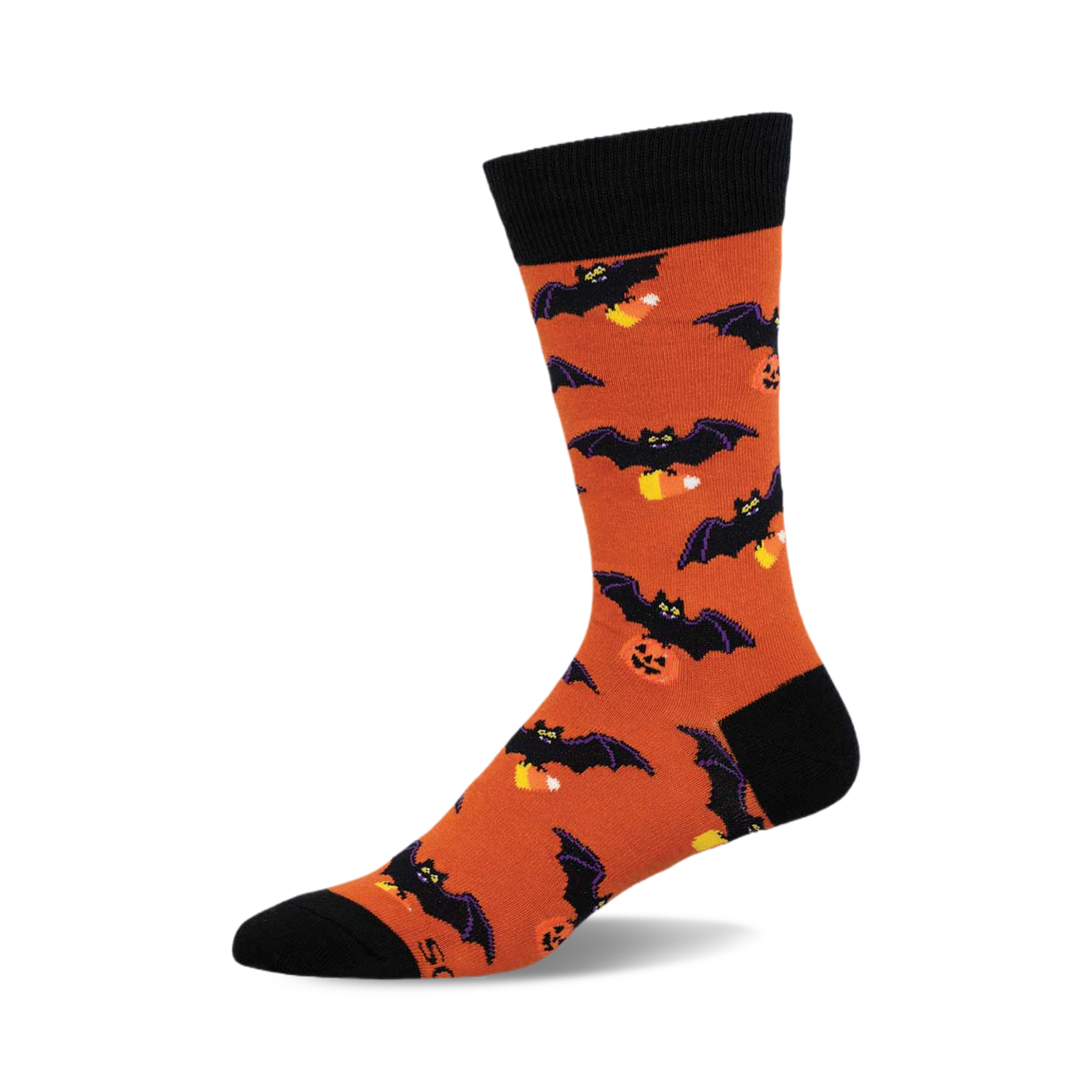 Orange crew socks with black bats and candy corn designs. Black cuff. Fun Halloween socks.