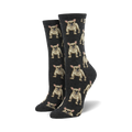 Pair of women's crew socks, dark grey with a repeating pattern of tan French Bulldogs. Fun and comfy!