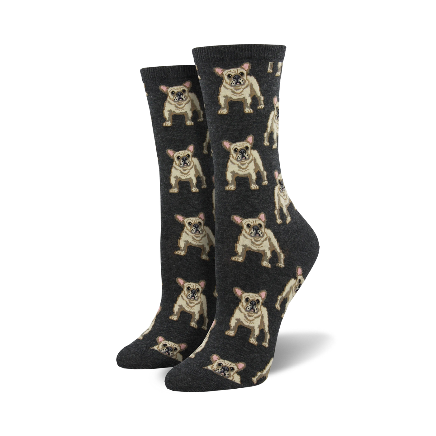 Pair of women's crew socks, dark grey with a repeating pattern of tan French Bulldogs. Fun and comfy!