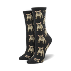 Pair of women's crew socks, dark grey with a repeating pattern of tan French Bulldogs. Fun and comfy!