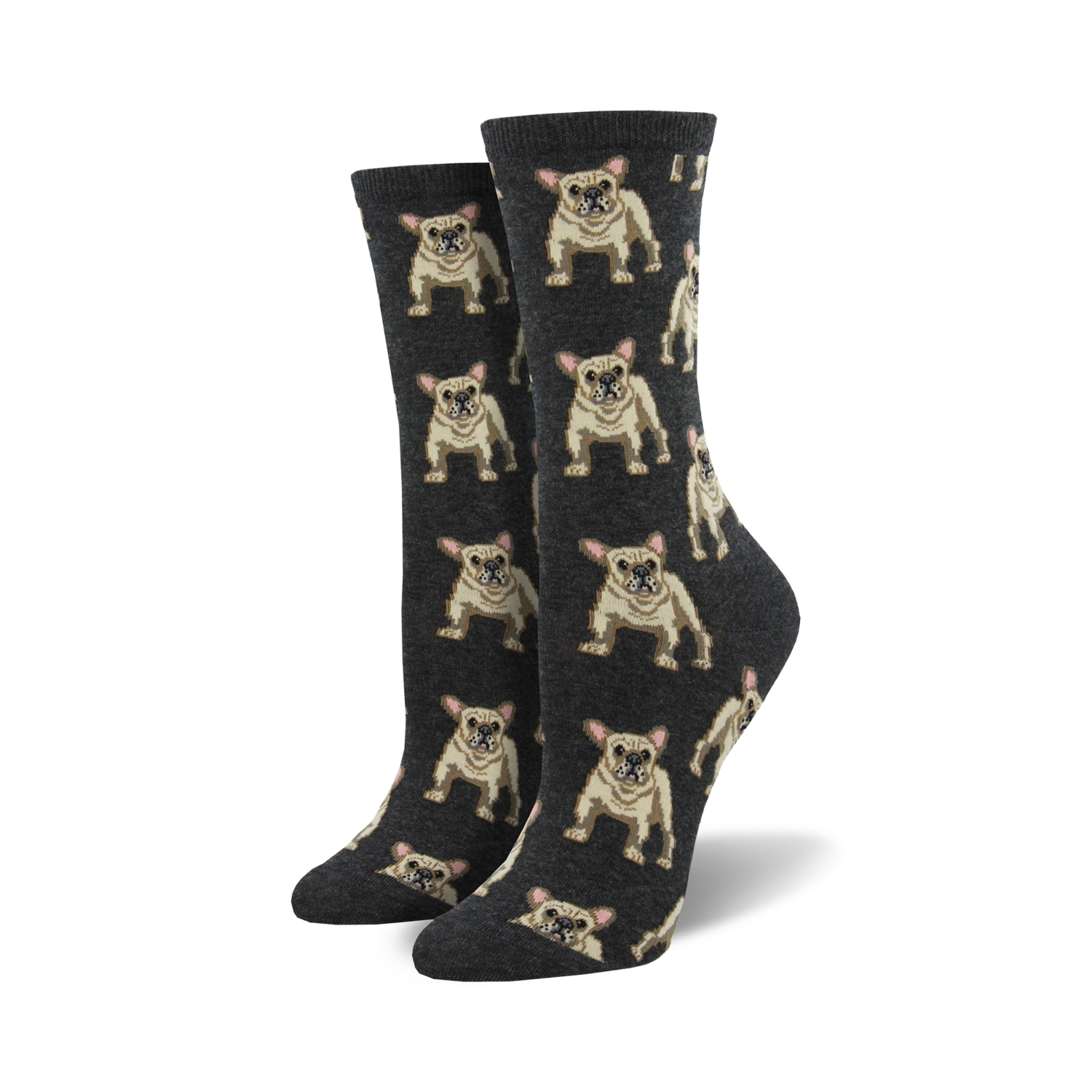 Pair of women's crew socks, dark grey with a repeating pattern of tan French Bulldogs. Fun and comfy!