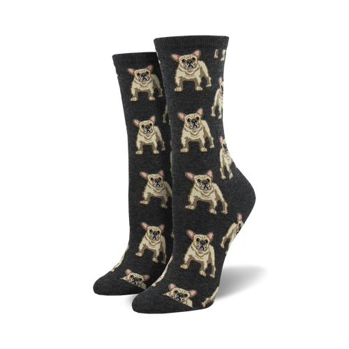 Pair of women's crew socks, dark grey with a repeating pattern of tan French Bulldogs. Fun and comfy!
