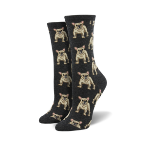 Pair of women's crew socks, dark grey with a repeating pattern of tan French Bulldogs. Fun and comfy!