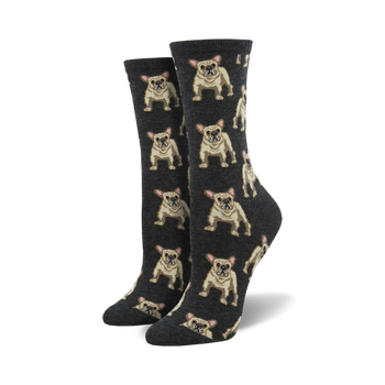 womens crew socks with allover cartoon french bulldog pattern in brown with black noses and pink tongues on a dark gray background.  