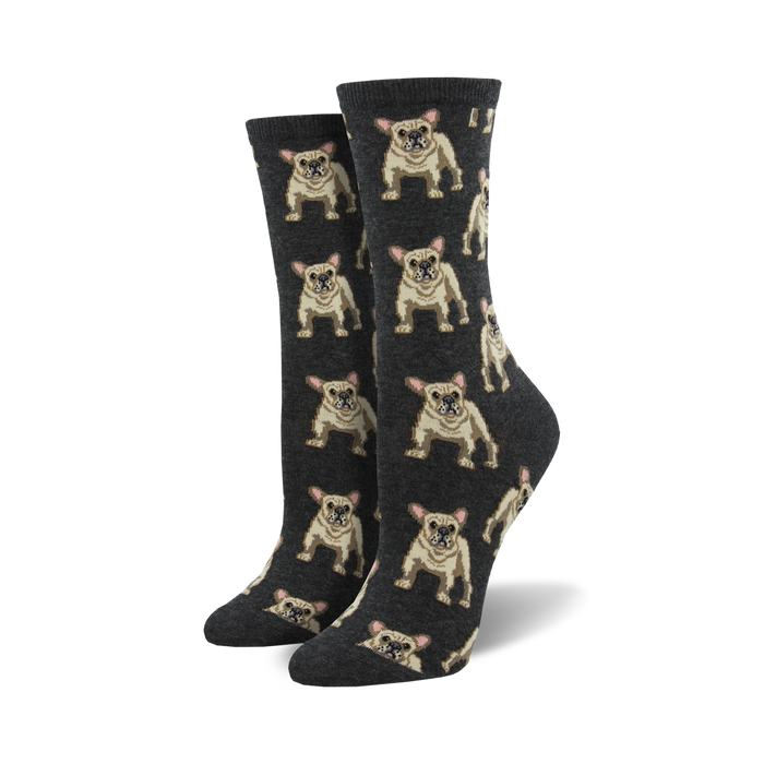 womens crew socks with allover cartoon french bulldog pattern in brown with black noses and pink tongues on a dark gray background.   }}