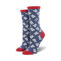 Pair of women's crew socks. Blue background with all-over print of smiling white teeth. Red top trim.