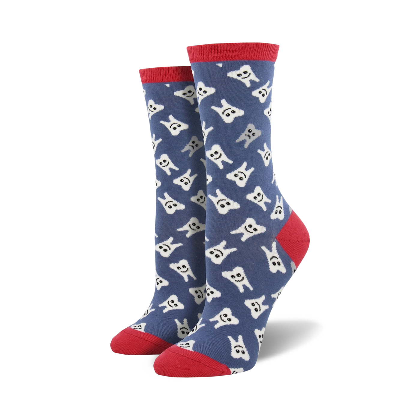 Pair of women's crew socks. Blue background with all-over print of smiling white teeth. Red top trim.