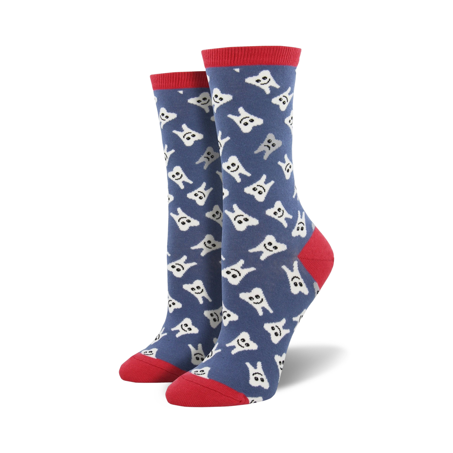 Pair of women's crew socks. Blue background with all-over print of smiling white teeth. Red top trim.