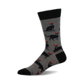 A grey crew sock with a pattern of black cats wearing tiny red horns. The sock has a black cuff.