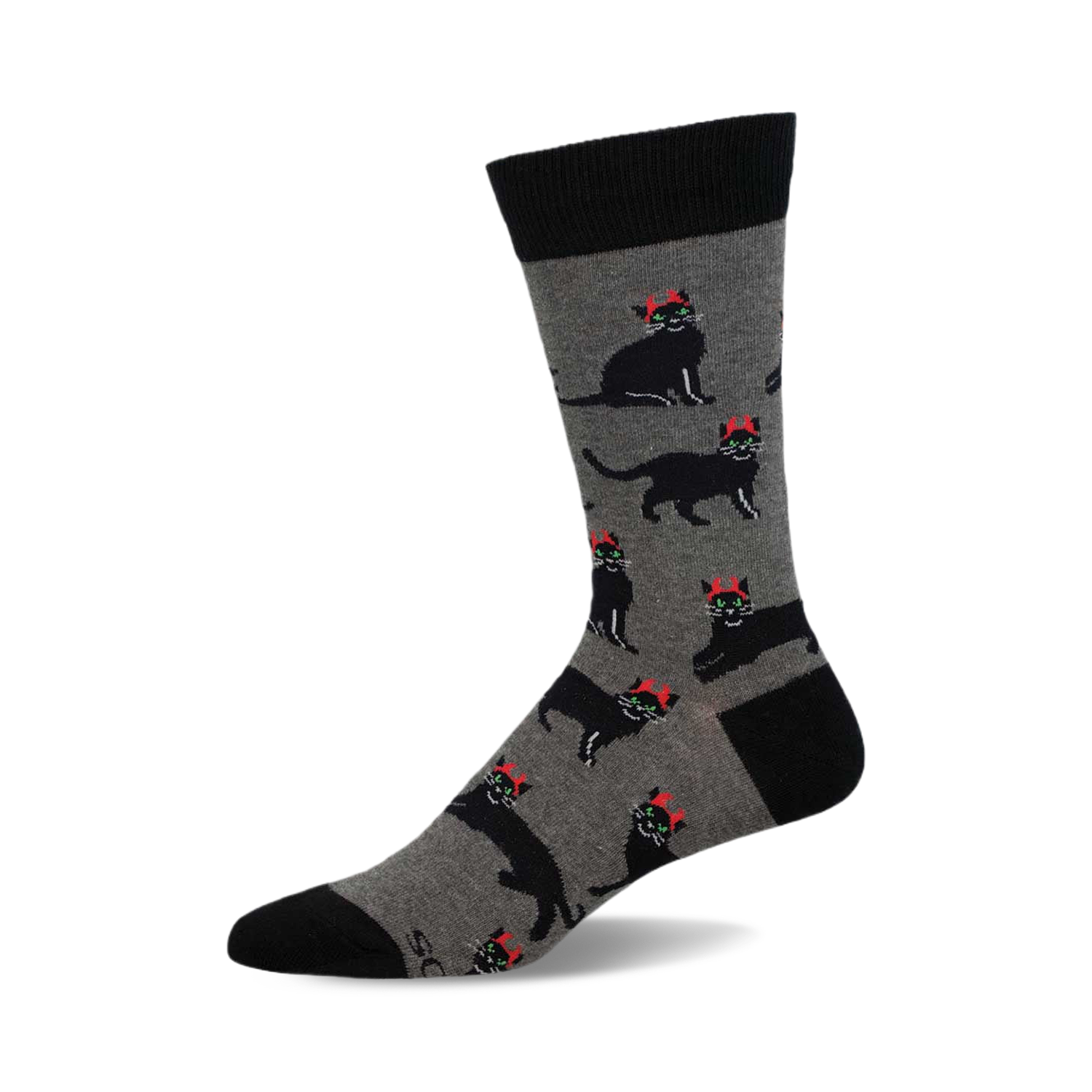 A grey crew sock with a pattern of black cats wearing tiny red horns. The sock has a black cuff.